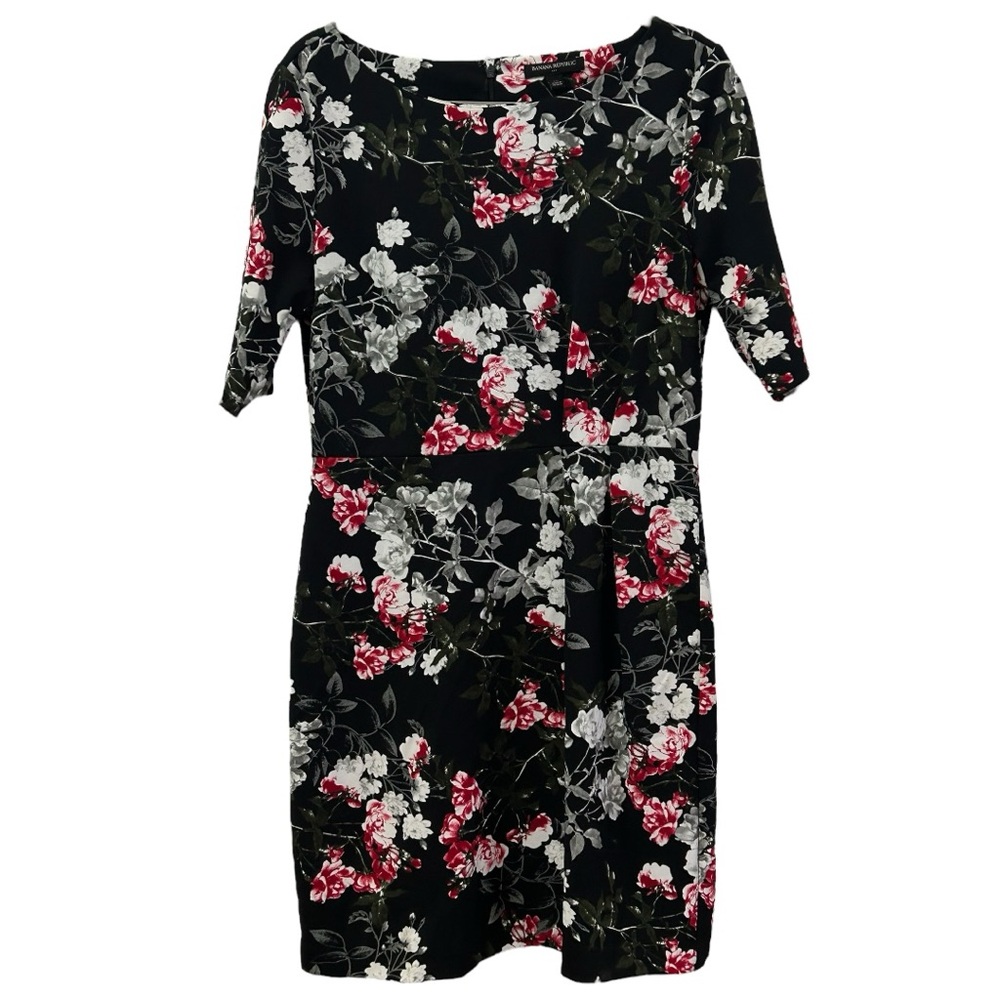 Banana Republic Factory Floral Print Elbow Sleeve Pleat Waist Sheath Dress Sz 10
